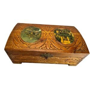 Vintage Carved Cedar Wood Chest Jewelry Trinket Box 
 Mirror Inside